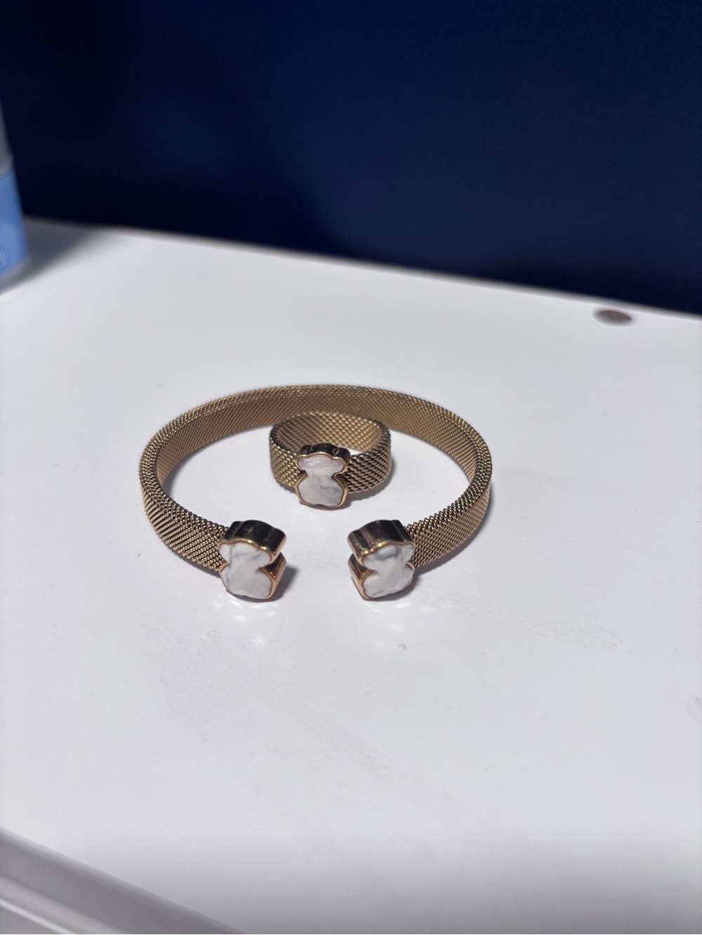 Tous Gold-Tone Mesh Cuff and Ring Set with White Clover Accents. Ring size 7.